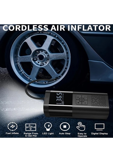 Primepickings Taşınabilir Lastik Şişirme 150psı Kablosuz Hava Kompresörü Usb Şarjlı Araç Bisiklet Motor Ve Spor Topları İçin Black