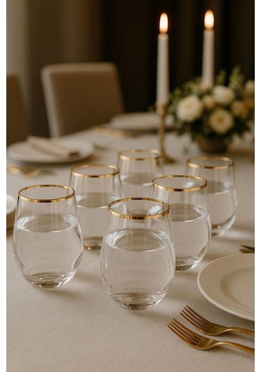 Kristal Su Bardak Altın Yaldızlı 360 Ml 6 Adet Altın