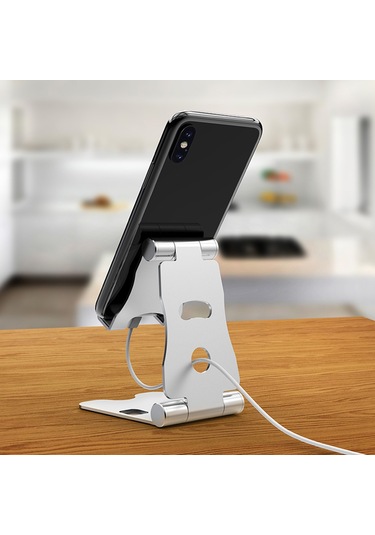 Kosona 76a Modeli Alüminyum Telefon Tutucu - Tüm Telefonlar İçin Uyumlu İphone, Samsung, Huawei Vs. - Masaüstü Ve Gece Masası Kullanıma Uygun - Gümüş Renk