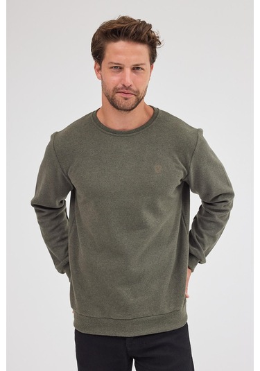 Erkek Haki Standart Fit Normal Kesim Pamuklu Basic Bisiklet Yaka Sweatshirt Haki