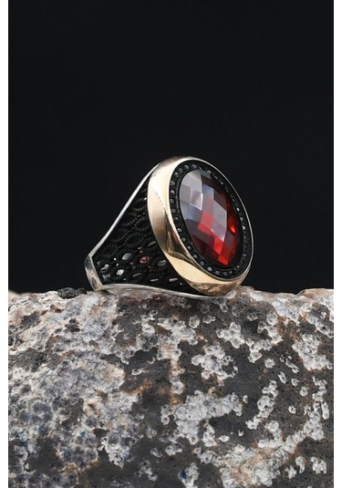 Kırmızı Zirkon Taşlı 925 Ayar Gümüş Erkek Yüzüğü 902440 Gümüş