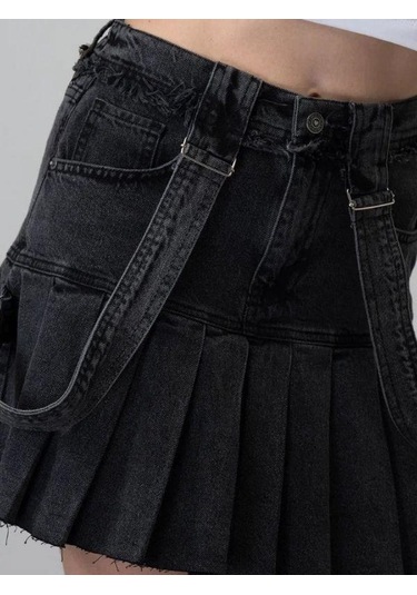 Kız Çocuk Askılı Pileli Tasarım Denim Etek-15535 Siyah