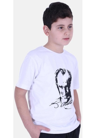 Atatürk Baskılı İmzalı Beyaz Unisex Çocuk T-shırt-beyaz Beyaz