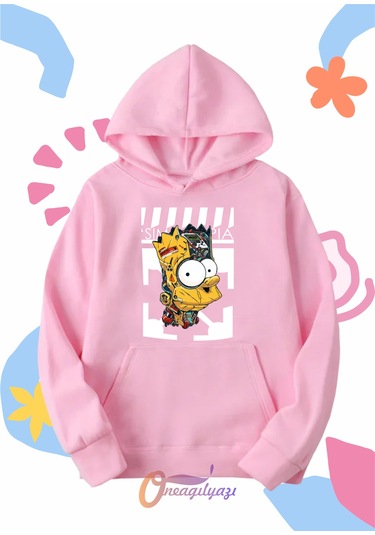 Çocuk Unisex Simpson Baskılı Oversize Kapüşönlü Sweatshirt Pembe