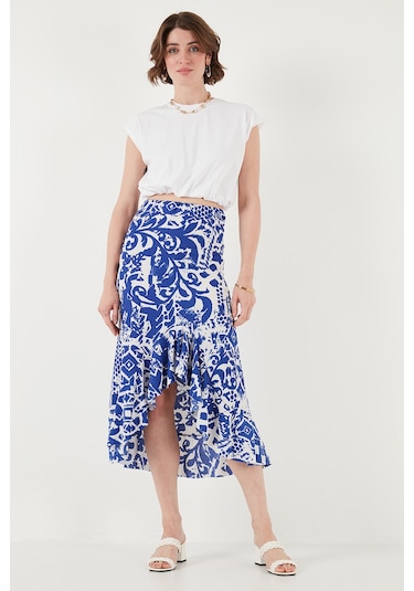 Lela Regular Fit Desenli Yüksek Bel Volanlı Midi Boy Yırtmaçlı Bayan Etek 5869013 Saks