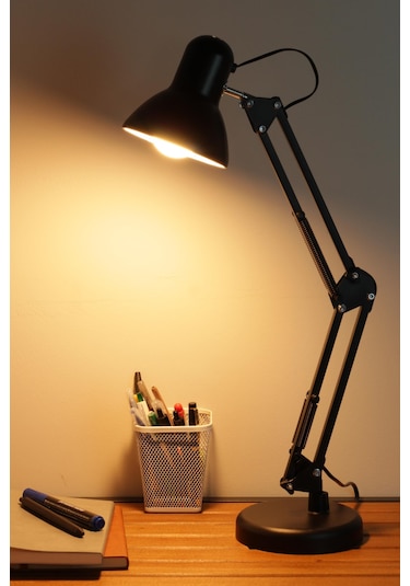 2li Set Masa Lambası + Kronometreli Öğrenci Saati Akrobat Metal 360 Çalışma Masası Lambası Siyah Siyah
