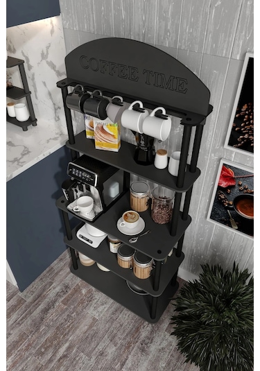Coffee Time Dekoratif Kahve Standı Çok Amaçlı Dolap Siyah Siyah
