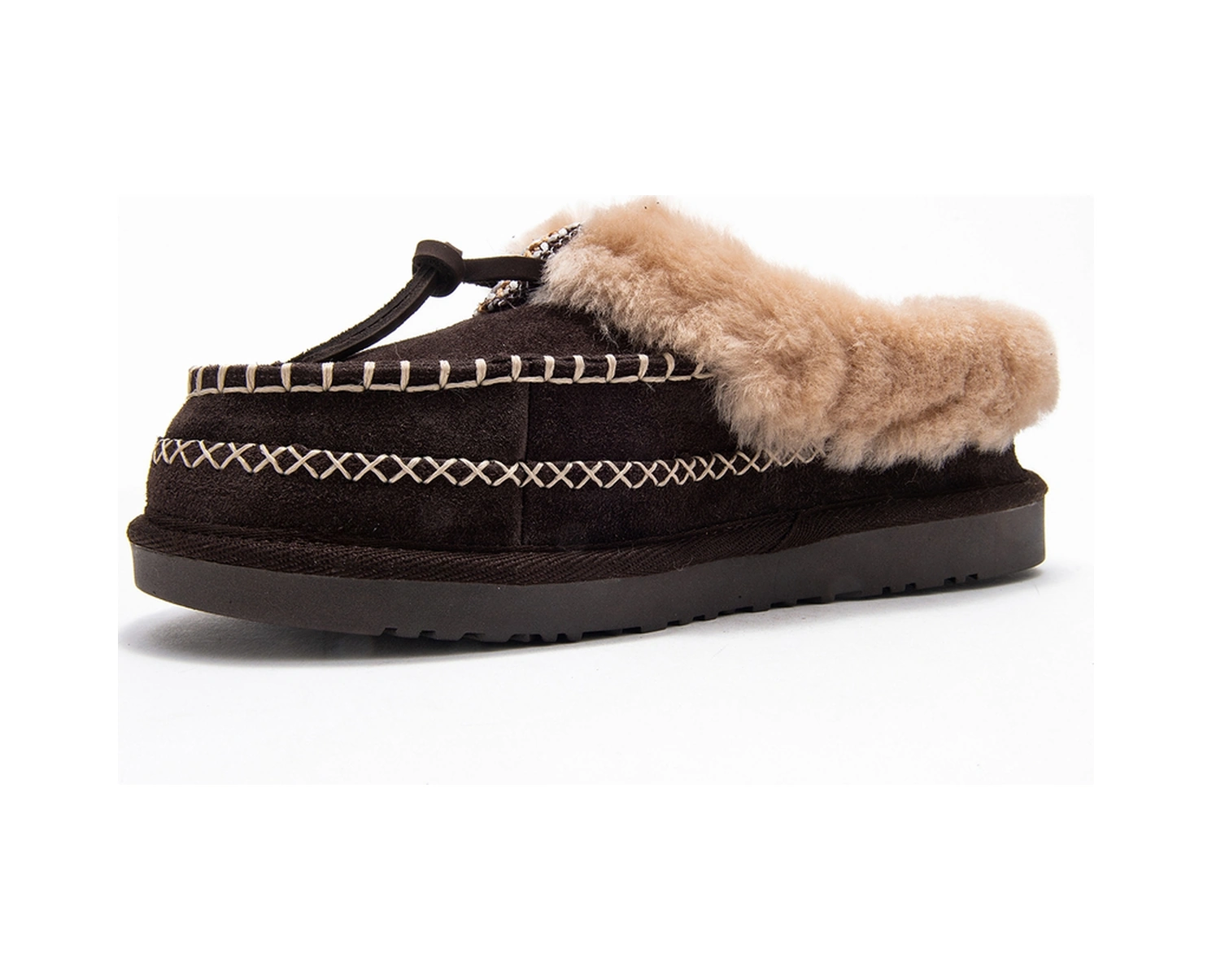 Norıel Kahverengi Süet Hakiki Deri Dikişli Kürklü Kadın Makosen Terlik Kahverengi