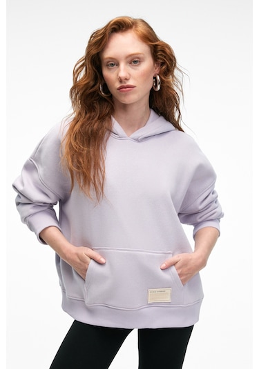 Grımelange Clarıe Kadın Organik Pamuklu Oversize Kanguru Cepli Kapüşonlu Lila Sweatshirt Lila