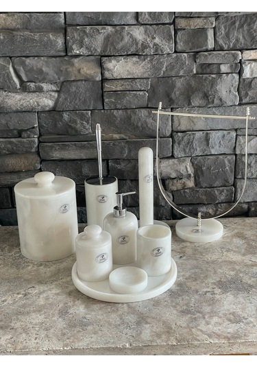 Beyaz Doğal Mermer Gümüş Rengi Aksesuarlı 9,lu Banyo Seti Beyaz