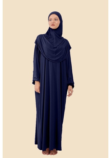 Tek Parça Tesettür Elbisesi Tak Çıkar Başörtülü Organik Pamuklu Lastikli Kolu Kaymaz Penye Kumaş Lacivert