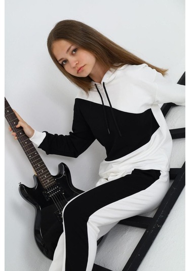 Kız Çocuk %100 Pamuk Garnili Kapüşonlu Uzun Kol Alt&üst Eşofman Takım-eşt-0018 Beyaz