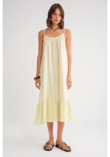 4740 Kadın Askılı Müslin Midi Elbise Sarı Sarı