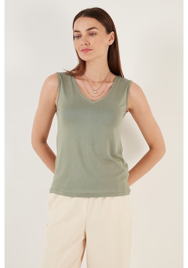 Lela Kalın Askılı V Yaka Bayan Bluz 5864384 Olive