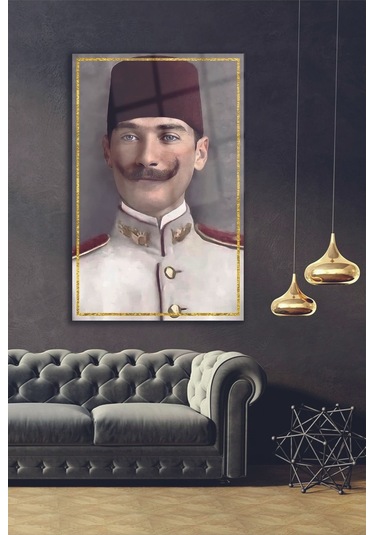 Mustafa Kemal Atatürk Askeri Öğrenciyken Gold Detaylı Cam Tablo