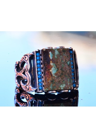 Gerçek Doğal Arizona Turkuaz Taş Yüzük - Gümüş Yüzük - Özel Gümüş Yüzük Stil-1 Gümüş