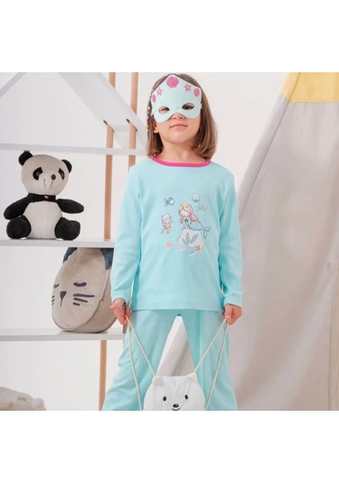 Deniz Kızı Desenli Çanta Ve Maskeli % 100 Pamuk Kız Çocuk Pijama Takımı Yeşil