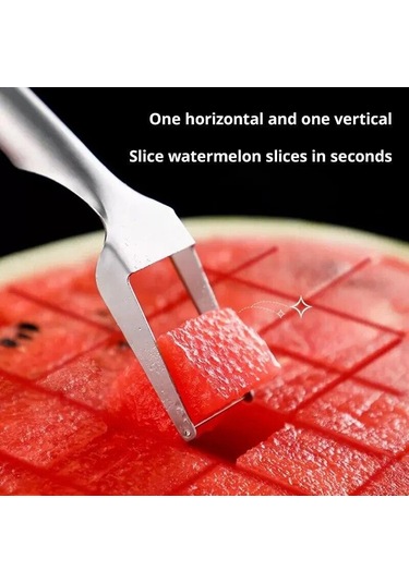 1 Adet Çok Amaçlı Taşınabilir 2ın1 Karpuz Çatal Dilimleme Karpuz Dilimleme Kesici Bıçak Paslanmaz Çelik Mutfak Meyve Kesme Çatal Beyaz