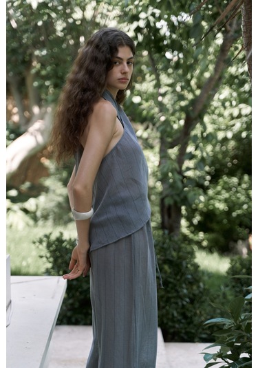 Cadhas Boyundan Bağlamalı Füme Crop Pantolon Takım Füme