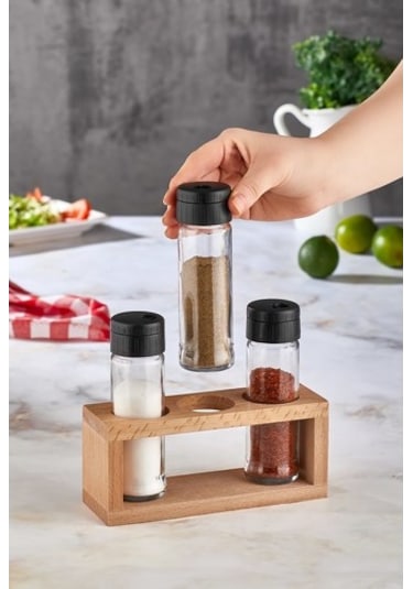 Lima 3lü Tuzluk Biberlik Seti Ahşap Stantlı 3lü Baharatlık Siyah Kapak Siyah