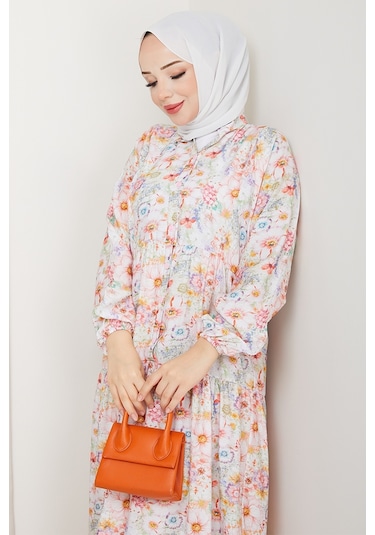 Elera Desenli Yarasa Kol Tesettür Elbise 1572 - Pembe Pembe