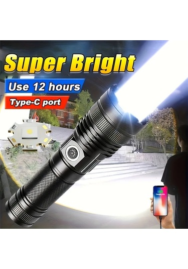 Brightnova Black Ultra Parlak 30w Led Taktik Fener Usb Sarjli Aluminyum Alasim Uzun Menzil Zum Yuksek Kapasiteli Li Ion Pil 400 Lumen Dahili Altın