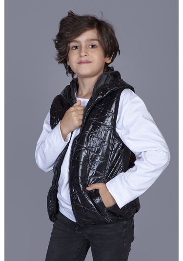 Toontoy Erkek Çocuk Kapşonlu Parlak Yelek Siyah