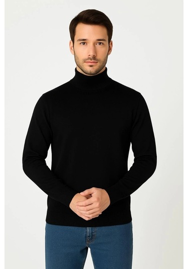 Erkek Yarım Boğaz Triko Kazak Yumuşak Dokulu Pamuklu İnce Dokuma, Uzun Kollu Rahat Regular Kalıp - Siyah Siyah