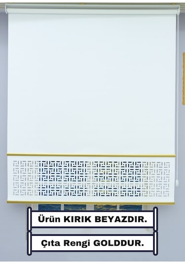 Dekoratif Çıta Detaylı Lazer Stor Perde Kırık Beyaz - Kalın Stor Kumaşı - 30 Cm Lazer Yüksekliği Gold