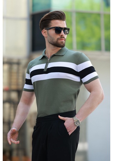 Madmext Haki Fermuarlı Polo Yaka Çizgili Erkek Tişört E7406 Haki