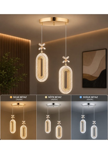 Serra Model 2'li Avizeb 3 Renk Modu Ledli Modern Salon Mutfak Oturma Odası Led Avize Gold