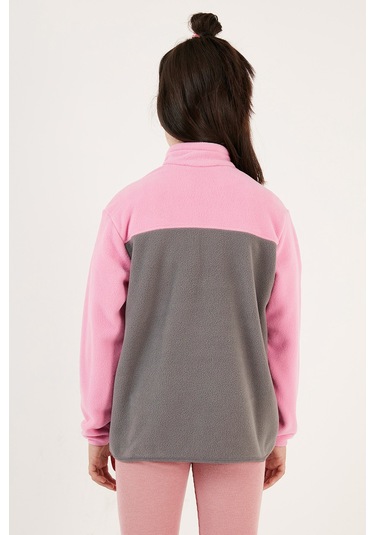 Lela Yumuşak Dokulu Yarım Fermuarlı Renk Bloklu Dik Yaka Unisex Çocuk Polar 5905004 Şeker Pembe-Gri
