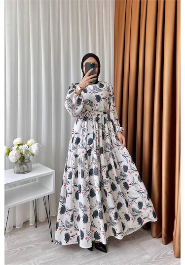 Neşeli Butik Kadın Keten Desenli Tesettür Elbise Sms002 - Siyah Siyah