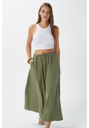 Kadın Trend Modal Serin Kumaş Haki Bel Lastikli Cepli Rahat Kalıp Uzun Etek