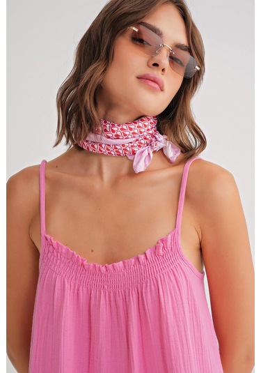 4740 Kadın Askılı Müslin Midi Elbise Pembe Pembe