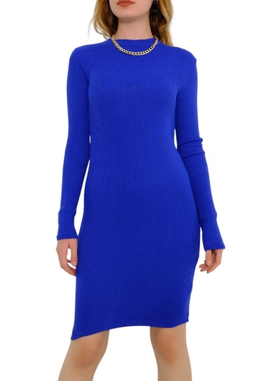 Bisiklet Yaka Elbise Saks