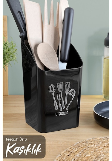 Tezgah Üstü Kaşıklık - Mutfak Organizer Düzenleyici Kepçelik Kaşık Bıçak Standı Siyah Beyaz - Siyah
