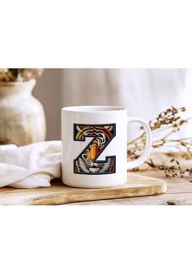 Z Harfi Kaplan Figürlü Nakış Desenli Kupa Bardak - Kişiye Özel Vahşi Hayvan Desenli Kupa - Hediye Beyaz