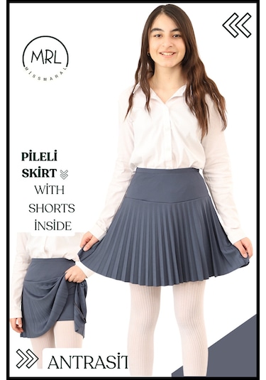 Kız Çocuk Pileli Etek Antrasit Yüksek Bel İçi Şortlu Likra Kumaş Okul-oyun-spor-etkinlik Eteği 4103 Antrasit / Gri