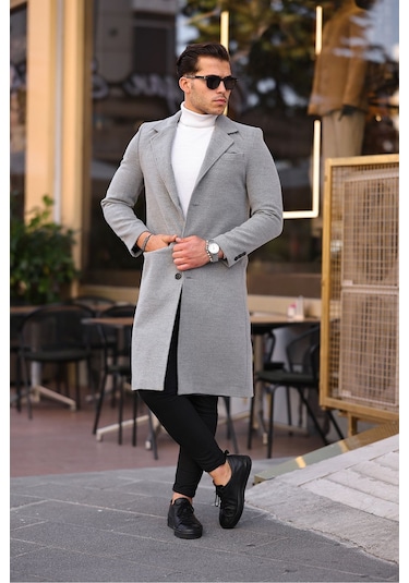 Erkek Açık Gri Dar Kesim Uzun Yün Karışımlı Kaşe Kaban Açık Gri