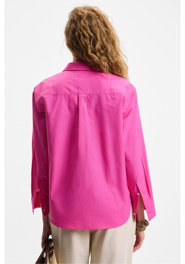 RIGO Kadın Gömlek Yaka Uzun Kol Regular Uzun İnce Fuşya Gömlek