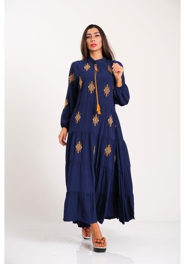 Kadın Lacivert Önü Ve Kolları Otantik Nakışlı Eteği Kat Kat Uzun Elbise-lacivert