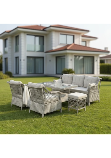 Petra Galvanizli 3+1+1+masa 80x140 +2 Puf Bahçe Balkon Mobilyası Açık Krem