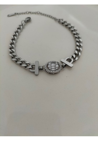 Kadın Zirkon Taşlı Baget Çelik Zincir Bileklik N11.395 Metalik