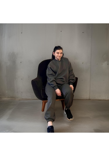 Ceyss Design Unisex Üç İplik Şardonlu Sweatshirt Eşofman Takımı-haki Haki