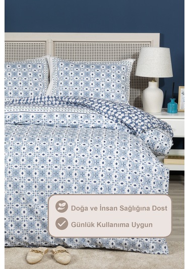 Elart Amanda Nevresim Takımı Çift Kişilik %100 Pamuk Ranforce Lastikli Çarşaf 200x220 Cm Mavi MAVI