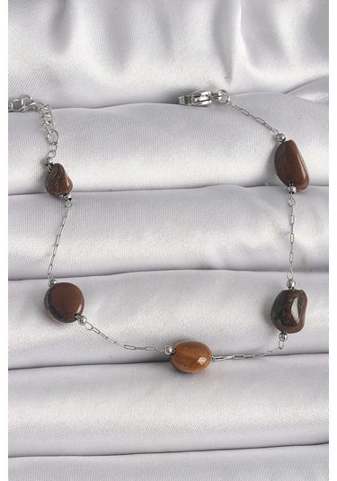 316l Çelik Gümüş Renk Zincir Kahverengi Doğaltaş Model Kadın Bileklik Çok Renkli