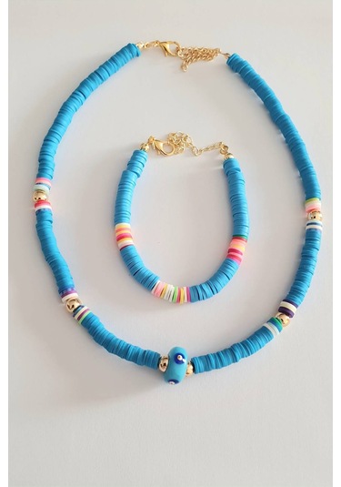 Fimo Soft Nazar Boncuklu Kolye ve Bileklik Seti  Mavi
