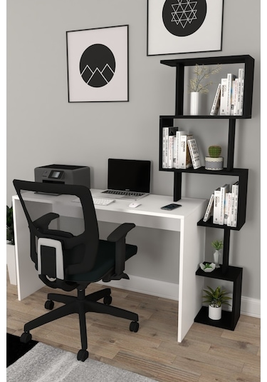 Moonlife Pratik Kitaplıklı Çalışma Masası Beyaz Siyah