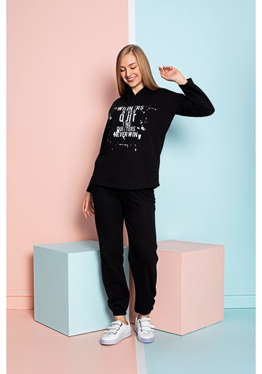 Nisanca Mevsimlik Kapüşonlu Kadın Eşofman Takımı - Ev Giyim Siyah